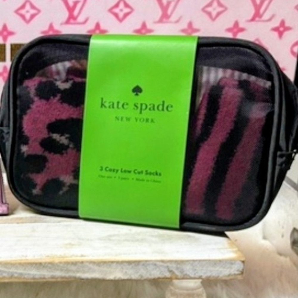 Kate Spade Socks- Black & Magenta Low Cut Sock Trio In Make-up Case NWT
